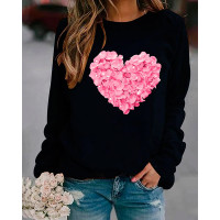 Valentine's Day Floral Heart Print Long Sleeve Top - black