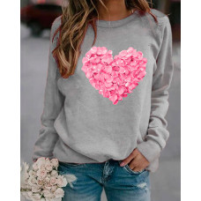 Valentine's Day Floral Heart Print Long Sleeve Top - gray