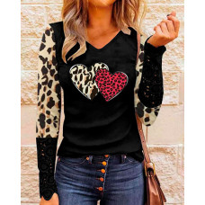 Valentine's Day Heart Cheetah Print Lace Patch Top - black