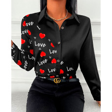 Valentine's Day Heart Letter Print Button Down Shirt - black