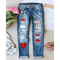 Valentine's Day Heart Pattern Ripped Jeans - blue