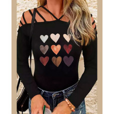 Valentine's Day Heart Print Cold Shoulder Top - black