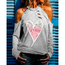 Valentine's Day Heart Print Cold Shoulder Top - gray