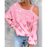 Valentine's Day Heart Print Cold Shoulder Top - pink