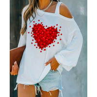 Valentine's Day Heart Print Cold Shoulder Top - white