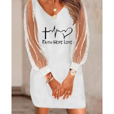 Valentine's Day Heart Print Lantern Sleeve Sheer Mesh Casual Dress - style1