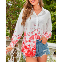 Valentine's Day Heart Print Long Sleeve Button Down Shirt - white