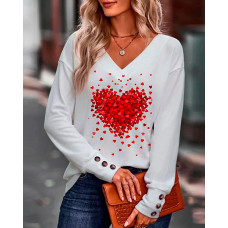 Valentine's Day Heart Print Long Sleeve Top - white