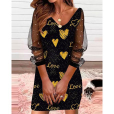 Valentine's Day Heart Print Mesh Patch Dress - black