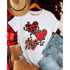 Valentine's Day Leopard Heart Print Casual T-shirt - white