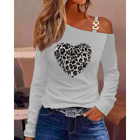 Valentine's Day Leopard Heart Print Cold Shoulder Top - gray