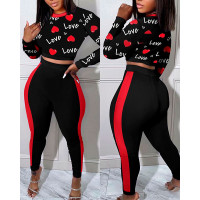 Valentine's Day Love Heart Print Top & Contrast Paneled Pants Set - black