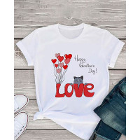 Valentine's Day O-Neck Heart Print Short Sleeve T-shirt - style1