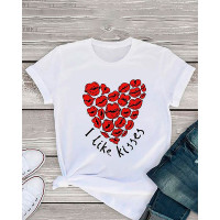 Valentine's Day O-Neck Heart Print Short Sleeve T-shirt - style5