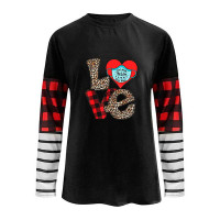 Valentine's Day O-Neck Striped Plaid Heart Letter Print Top - style4