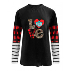 Valentine's Day O-Neck Striped Plaid Heart Letter Print Top - style4