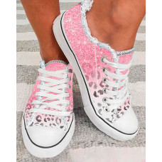 Valentine's Day Ombre Cheetah Print Lace-up Fringe Hem Canvas Sneakers - pink