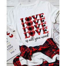 Valentine's Day Plaid Love Heart Print Casual T-shirt - white