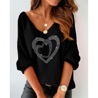 Valentine's Day Rhinestone Double Heart Pattern Casual Top - black