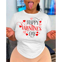 Valentine's Day Short Sleeve Heart Letter Print T-shirt - white