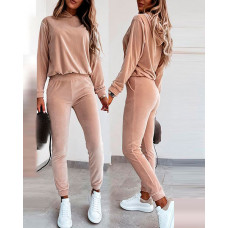 Velvet Hooded Top & High Waist Pants Set - pink