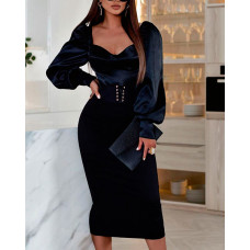 Velvet Lantern Sleeve Eyelet Lace-Up Corset Evening Dress - black