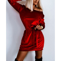 Velvet Long Sleeve Belted Sweatshirt Dress - Wine red