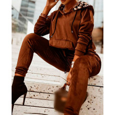 Velvet Long Sleeve Crop Hoodie & High Waist Pants Set - Dark Brown