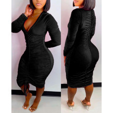 Velvet Long Sleeve Drawstring Ruched Bodycon Dress - black