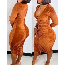 Velvet Long Sleeve Drawstring Ruched Bodycon Dress - brown