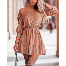 Velvet Ruffles Hem Long Sleeve Mini Dress - Apricot