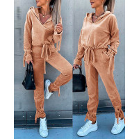 Velvet Tied Detail Hooded Top & Pocket Design Pants Set - Apricot