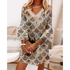 Vinatage Geometric Print Lace Patch Casual Dress - Apricot