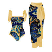 Vintage Abstract Print One Piece Swimsuit With Cover Up - gold