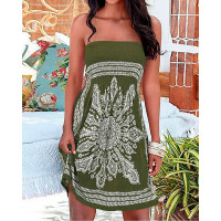 Vintage Baroque Print Shirred Bandeau Dress - Army green