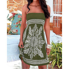 Vintage Baroque Print Shirred Bandeau Dress - Army green