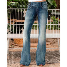 Vintage Button Side Design Flared Leg Jeans - dark blue