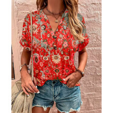 Vintage Floral Pattern Print Casual Top - red