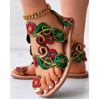 Vintage Floral Pattern Toe Poset Beach Sandals - Multicolor