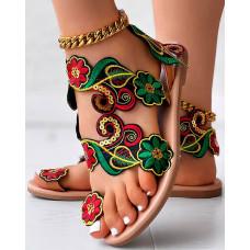 Vintage Floral Pattern Toe Poset Beach Sandals - Multicolor