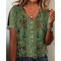 Vintage Floral Print Button Front V-Neck Top - green