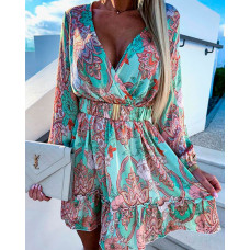 Vintage Floral Print Frill Hem Ruffles Long Sleeve Dress - Multicolor