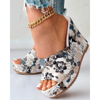 Vintage Floral Print Peep Toe Wedge Slippers - gray