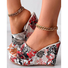 Vintage Floral Print Peep Toe Wedge Slippers - red