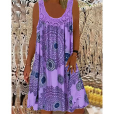 Vintage Geometric Print Sleeveless Casual Dress - purple