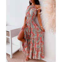 Vintage Paisley Print Halter Backless Maxi Dress - red