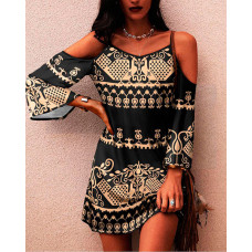 Vintage Tribal Print Cold Shoulder Casual Dress - black