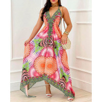 Vintage Tribal Print Halter Asymmetrical Dress - Multicolor