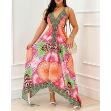 Vintage Tribal Print Halter Asymmetrical Dress - Multicolor