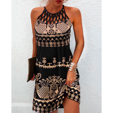 Vintage Tribal Print Hollow Out Sleeveless Casual Dress - black